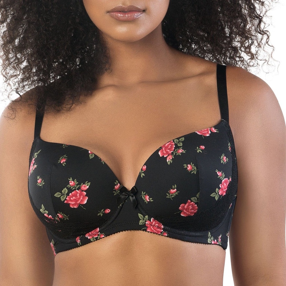 Parfait Casey Wired Padded Plunge Seamless T-Shirt Bra - Black With Rose Print